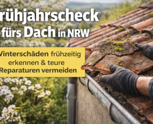Dachdecker hält beschädigten Dachziegel beim Frühjahrscheck in NRW und prüft Winterschäden am Dach