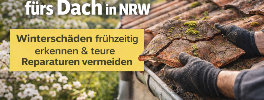 Dachdecker hält beschädigten Dachziegel beim Frühjahrscheck in NRW und prüft Winterschäden am Dach